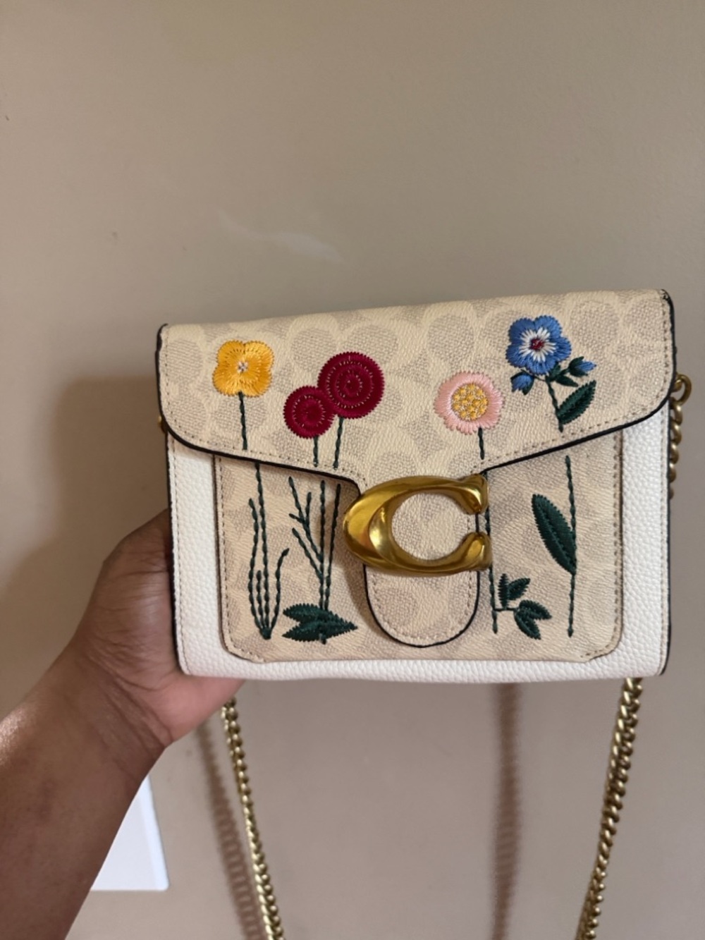 Coach Cream Floral Embroidered Leather Crossbody with Gold Hardware